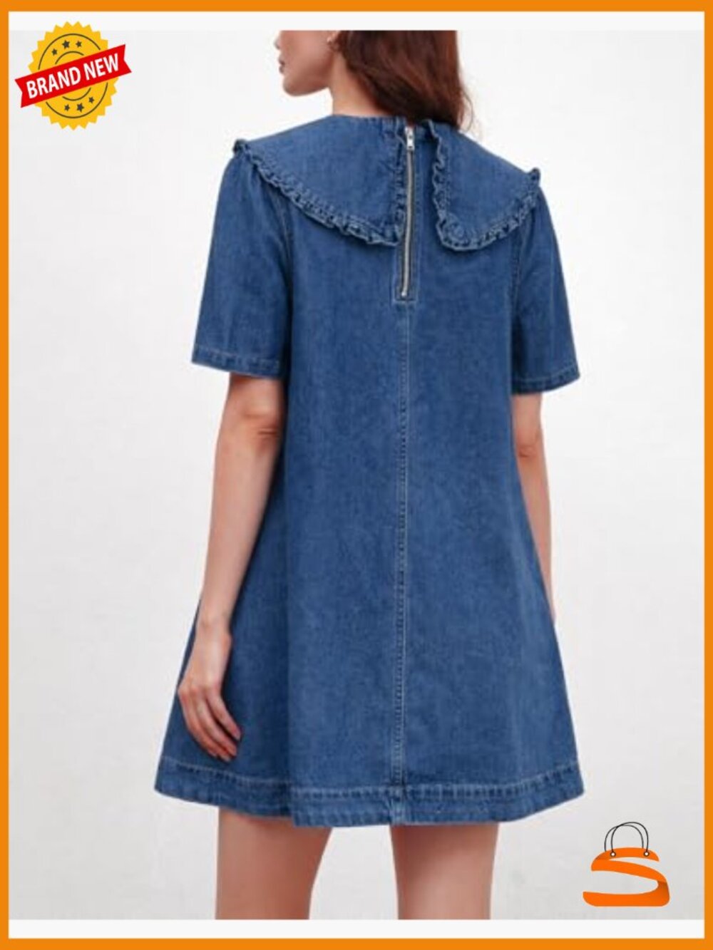 Peter Pan Collar Denim Mini Dress with Pockets Casual Summer - Picture 2 of 7